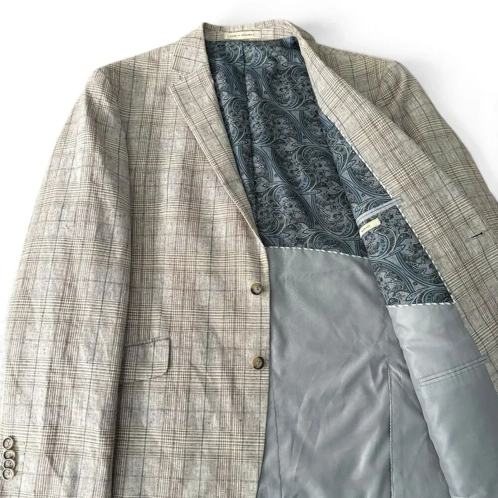 Joseph Abboud Paisley Linen Blazer Men 44S Slim Tan Plaid 2 Button Sport Coat